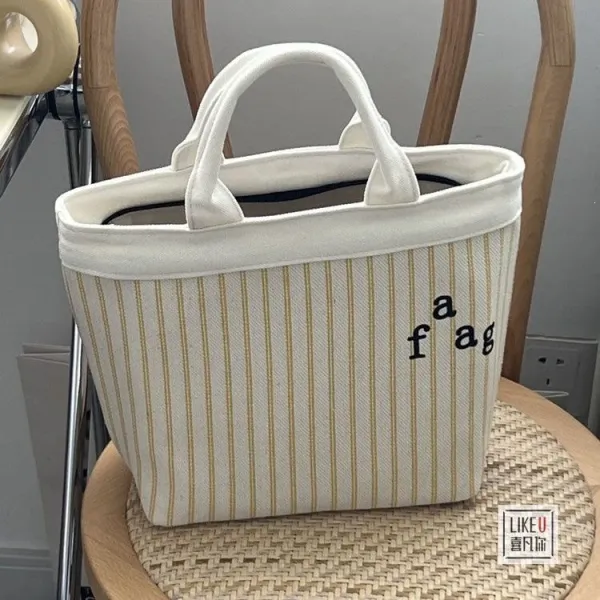 Design Striped Canvas Tote Bag with Embroidered 'a fag' Logo - 11