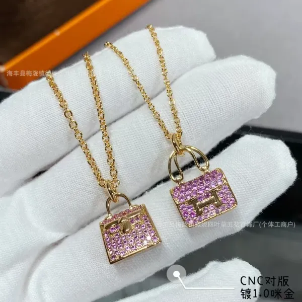 Design Mini Bag Pendant Necklace Pink Cubic Zirconia Gold-Plated Chain Jewelry - 19