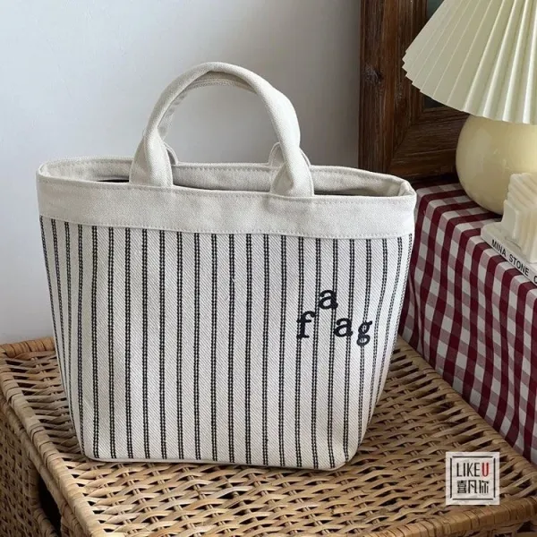 Design Striped Canvas Tote Bag with Embroidered 'a fag' Logo - 18
