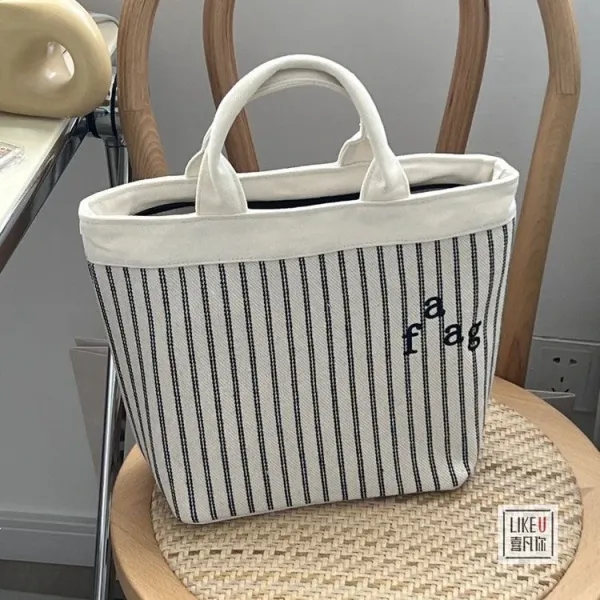 Design Striped Canvas Tote Bag with Embroidered 'a fag' Logo - 21