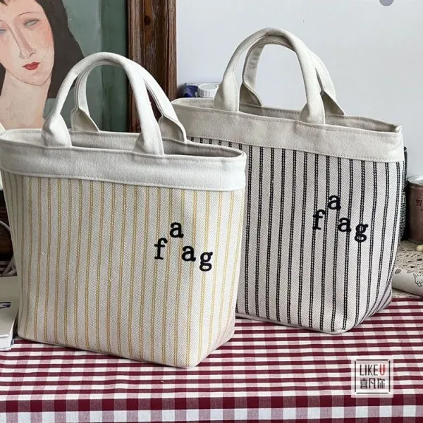 Design Striped Canvas Tote Bag with Embroidered 'a fag' Logo - 26