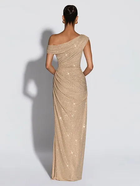 Design Off-Shoulder Sequin Ruched Midi Dress Beige - 9