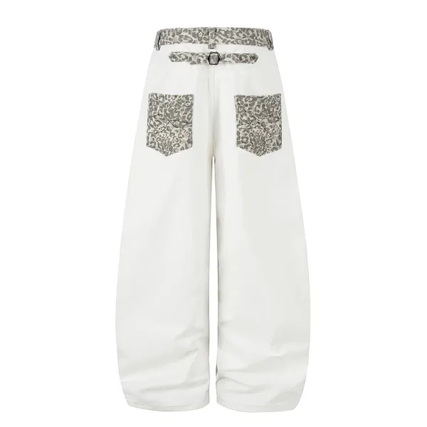 Design Wide-Leg Distressed Denim Jeans with Leopard Print Pockets - 6