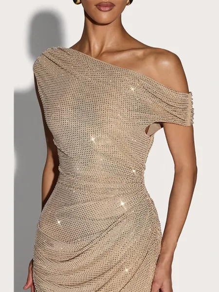 Design Off-Shoulder Sequin Ruched Midi Dress Beige - 10