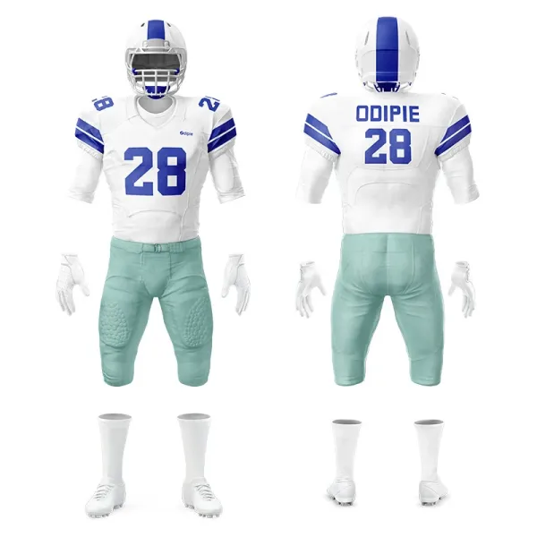 Design Custom Football Uniform Set White Blue Mint Green Jersey Pants Helmet Gloves Cleats Activewear - 1