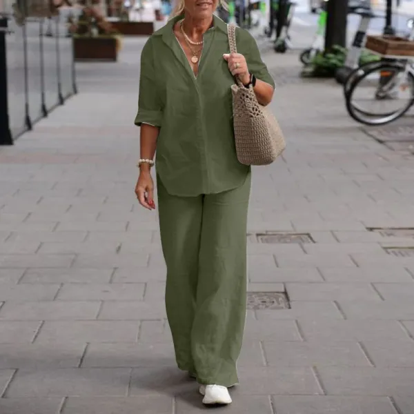 Design Linen Shirt and Pants Set Light Blue Casual Set - 6