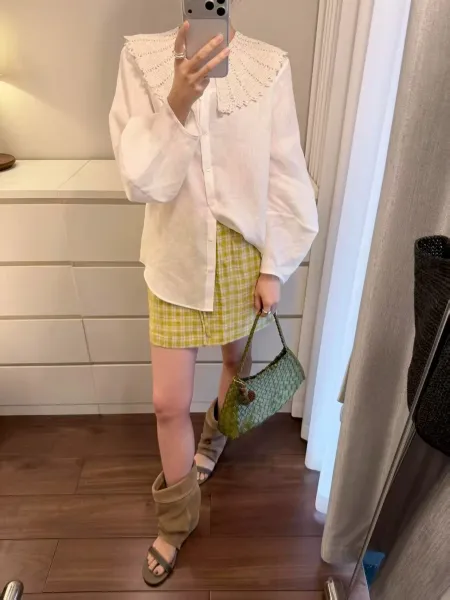 Design Crochet Collar Linen Shirt White Tops Shirt - 3