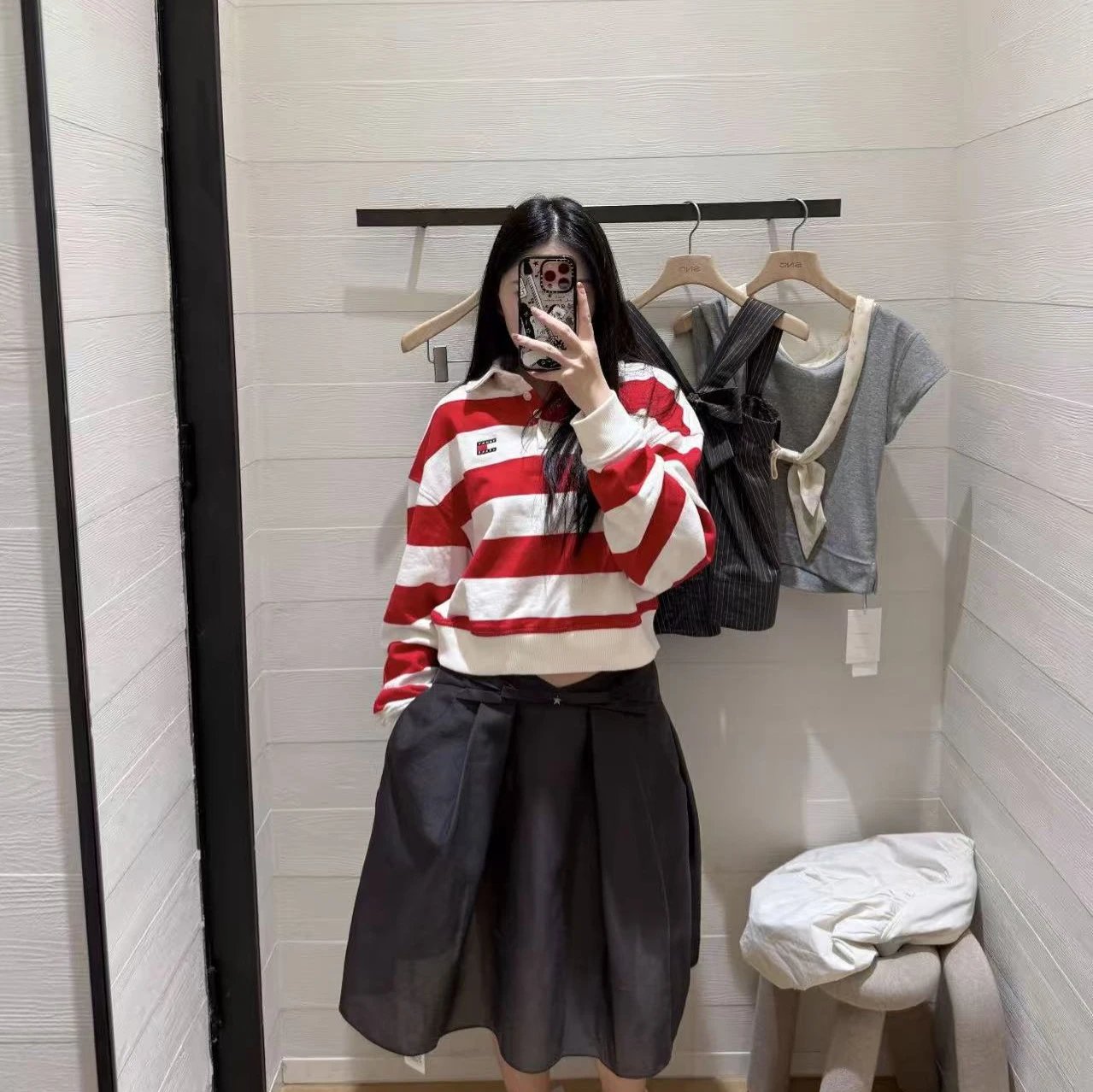 Gray Knit Crop Top Black Pleated Wrap Skirt