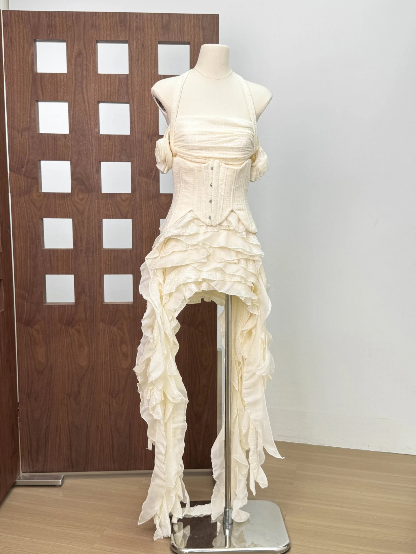 Ruffled Corset Halter Dress Beige
