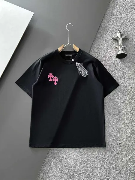 Chrome Hearts Double Cross Pink Embroidered Black T-Shirt - 1