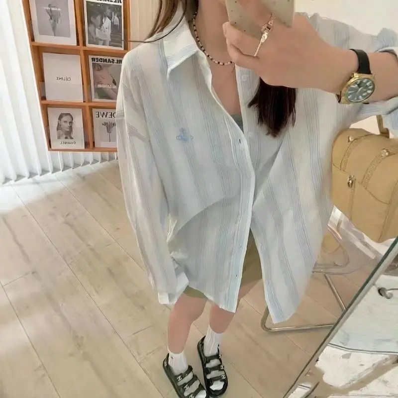 Vivienne Westwood Orb Embroidered White Blue Striped Oversized Shirt