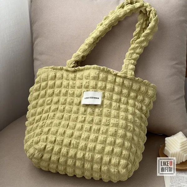 Design LOVE SOZAKKA Quilted Ruched Tote Bag Light Green Tote Bag - 1