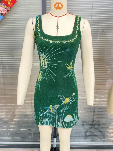 Design Sidian Form Fairy Garden Embroidered Green Glitter Mini Dress - 10