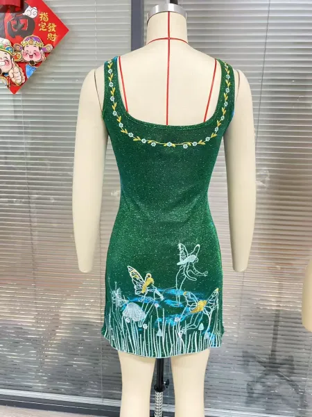 Design Sidian Form Fairy Garden Embroidered Green Glitter Mini Dress - 12