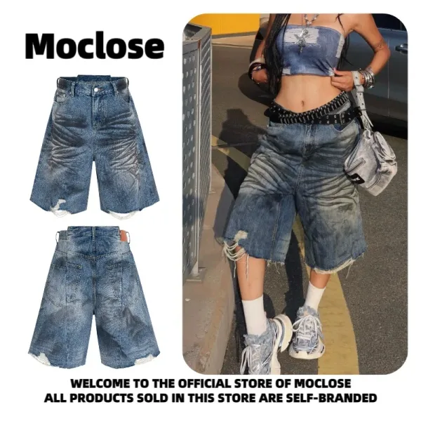 Design Moclose Brand Distressed Wide-Leg Denim Shorts Blue Shorts - 18