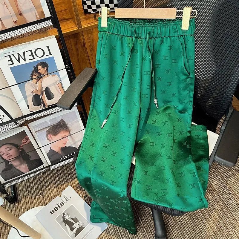 Design Silk-Printed Wide-Leg Pants Emerald Green
