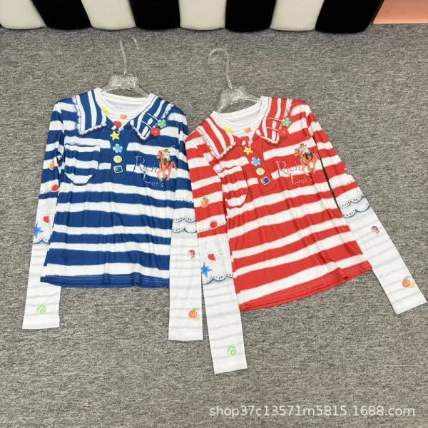 Design Striped Collar Polo Shirt Red White - 4