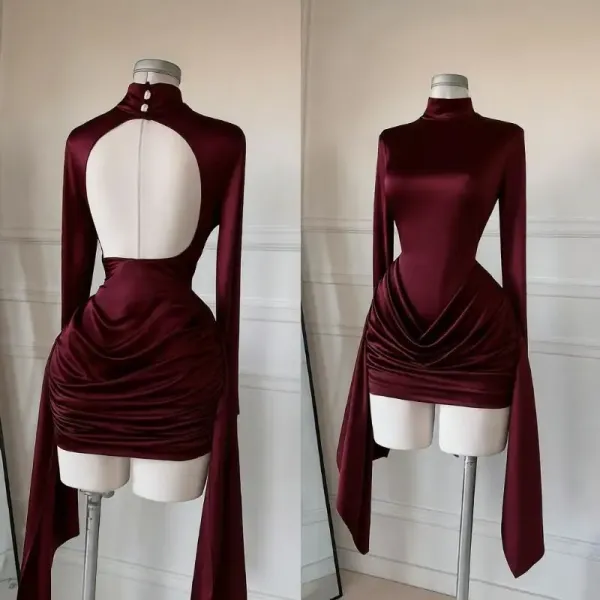 Design High-Neck Ruched Back Red Mini Dress - 3