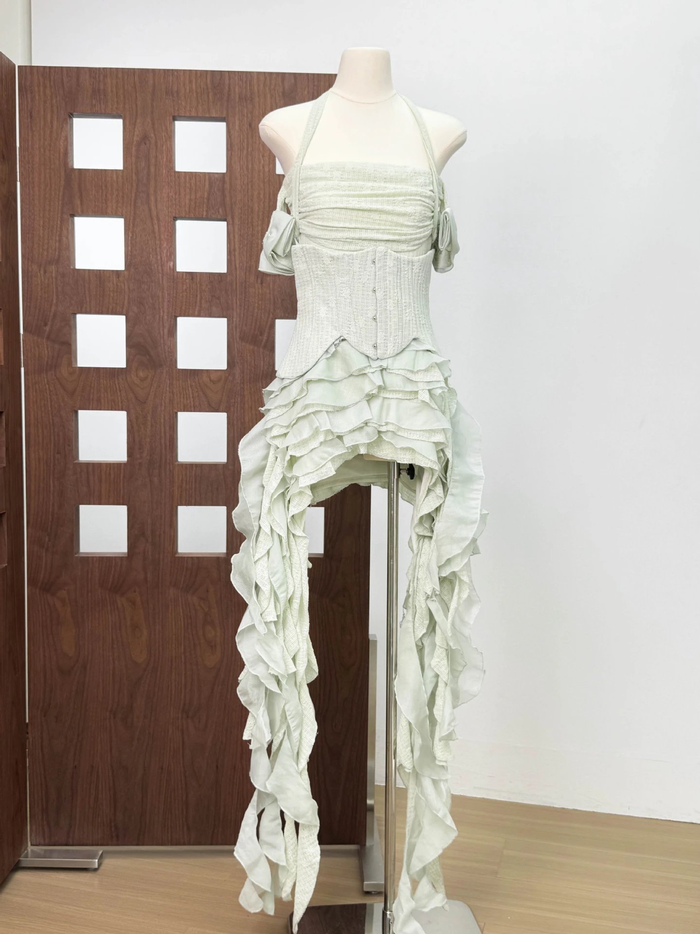 Design Ruffled Halter Corset Dress in Mint Green - 17