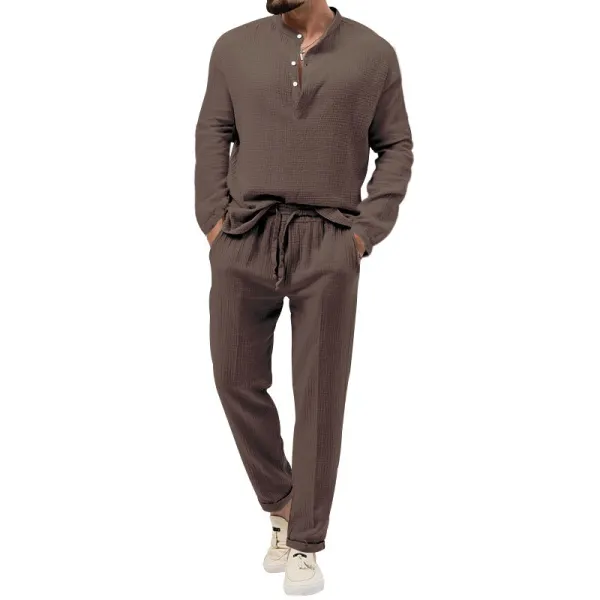 Design Linen-Blend Henley Set Beige Casual Set - 35