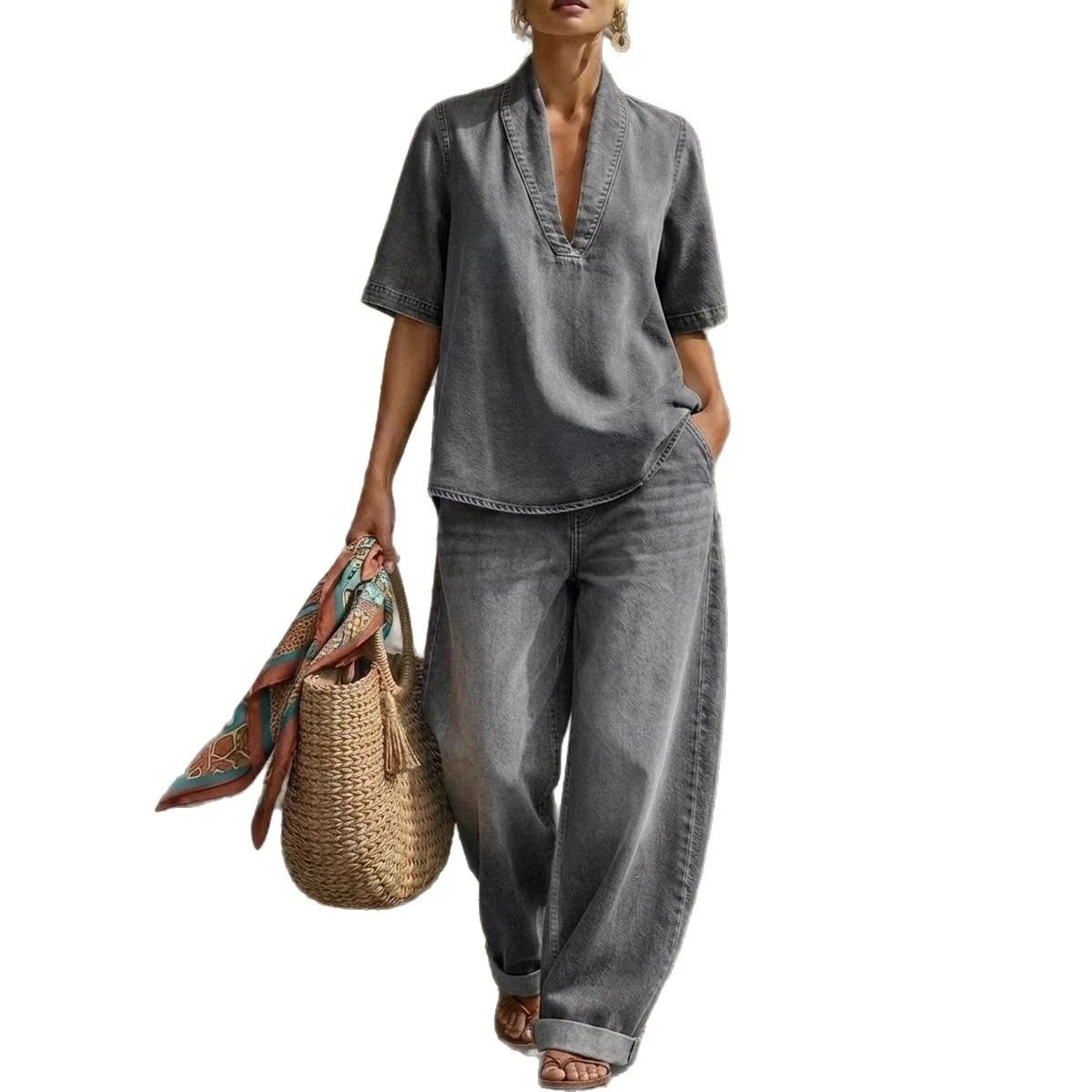 Denim V-Neck Short Sleeve Top And Wide Leg Pants Set Blue Casual