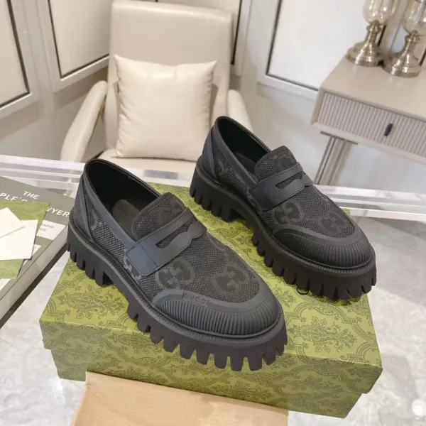 Gucci GG Marmont Loafers Black Monogram Mesh Chunky Sole Loafers - 1