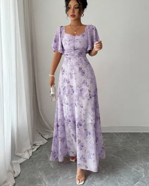 Design Floral Print Puff Sleeve Square Neck Maxi Dress - 16