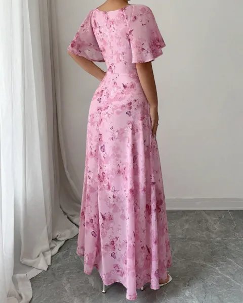 Design Floral Print Puff Sleeve Square Neck Maxi Dress - 19
