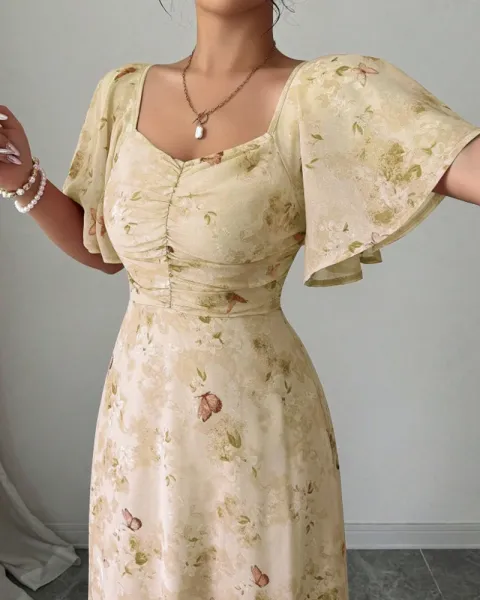 Design Floral Print Puff Sleeve Square Neck Maxi Dress - 31