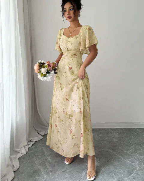 Design Floral Print Puff Sleeve Square Neck Maxi Dress - 32