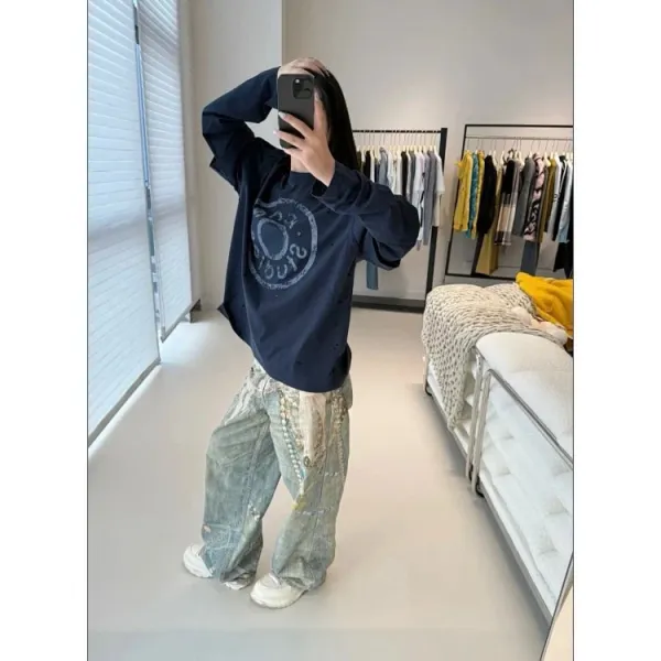 Acne Studios Distressed Logo Print Long-Sleeve T-Shirt Navy - 15