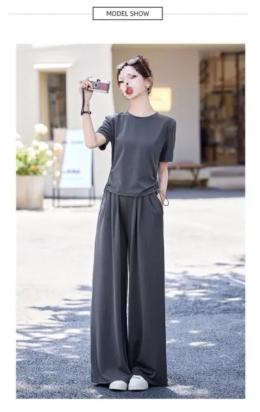Design Wide-Leg Drawstring Pants and Cropped T-Shirt Set Gray - 4