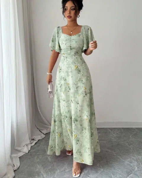 Design Floral Print Puff Sleeve Square Neck Maxi Dress - 37