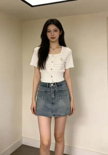 Design Knit Button-Front Top with Embroidered Detail White + Denim Mini Skirt Blue Sets - 4