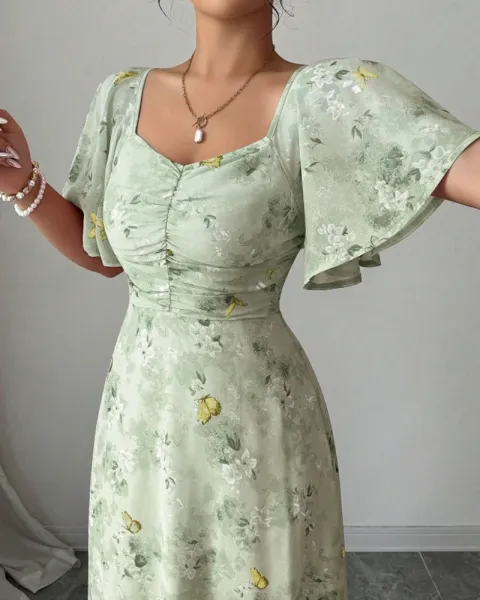 Design Floral Print Puff Sleeve Square Neck Maxi Dress - 42