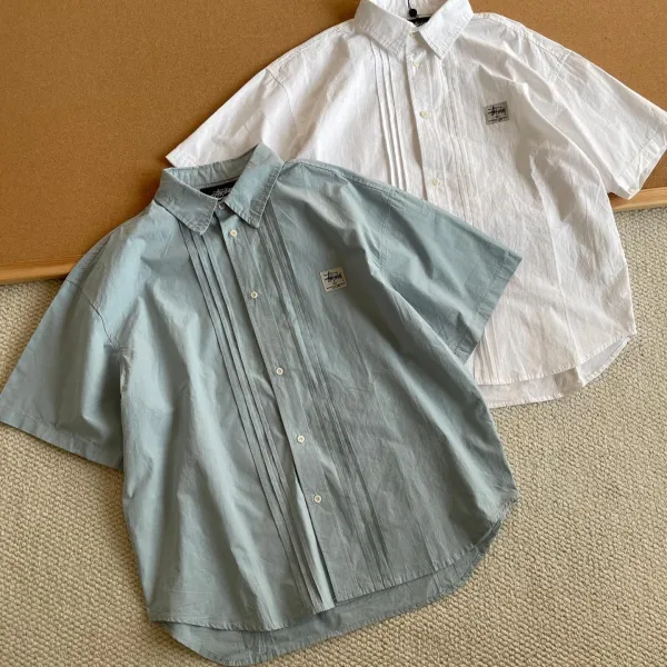 Stussy Pleated Short-Sleeve Shirt in Seafoam Green and White - 1