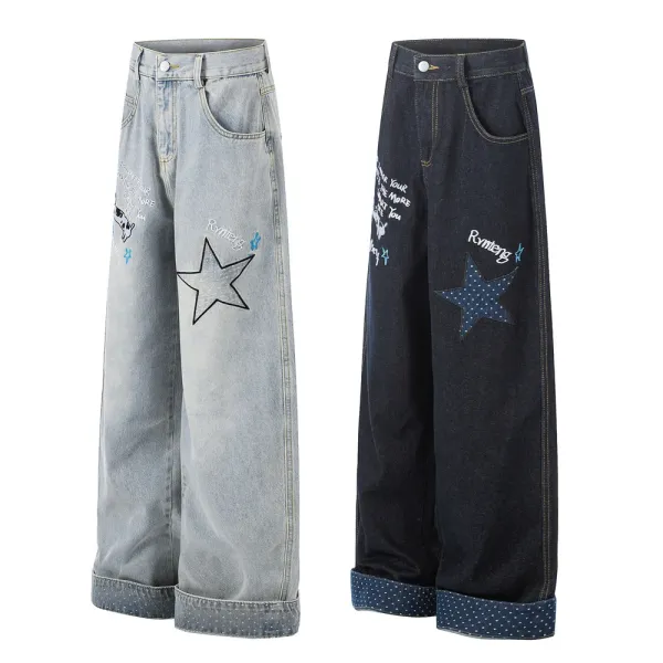 Design Wide-Leg Distressed Denim Jeans with Graphic Print Light Blue Jeans - 4