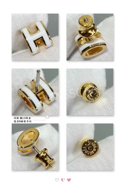 Hermès H Logo Enamel Stud Earrings Rose Gold and Yellow Gold Jewelry - 9