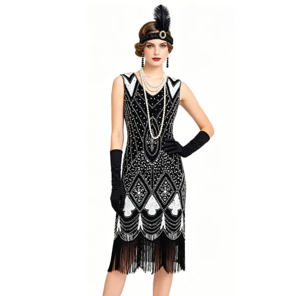 Design Flapper Dress Black Beaded Fringe Dress - 10