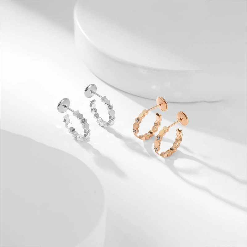 Design Hexagonal Honeycomb Stud Earrings with Cubic Zirconia in Rose Gold Jewelry - 7