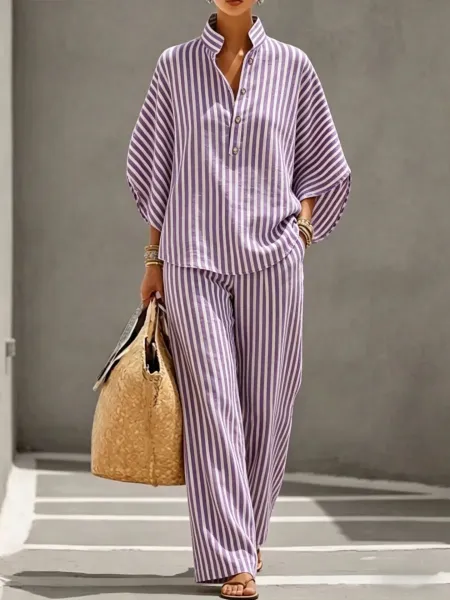 Design Striped Linen-Blend Shirt and Wide-Leg Pants Set Pink and White - 4