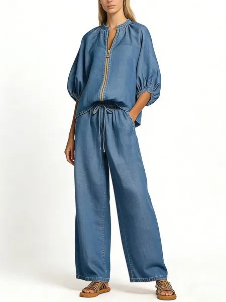 Design Denim Zip-Front Blouse and Wide-Leg Drawstring Pants Set Navy - 10