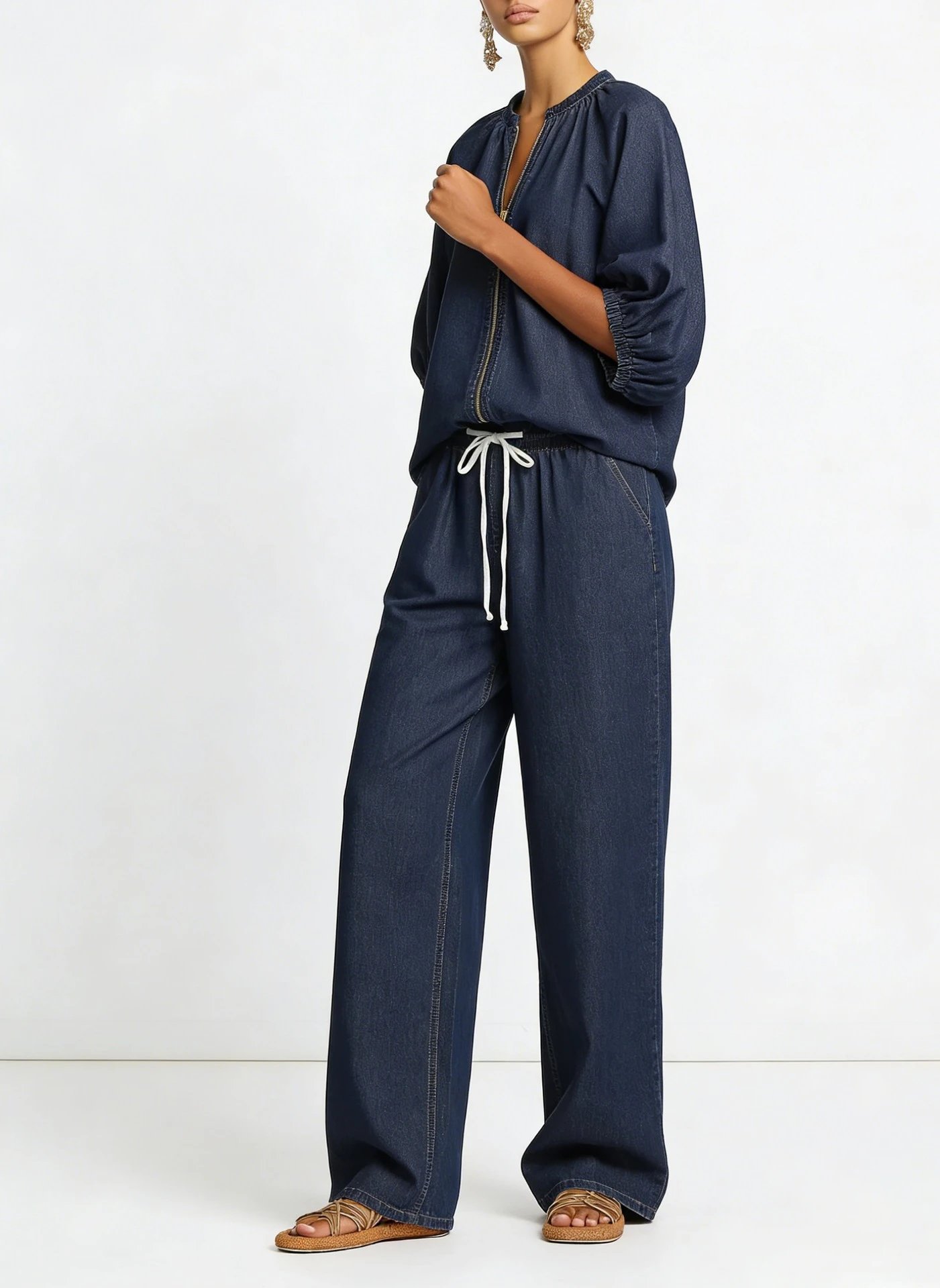 Design Denim Zip-Front Blouse and Wide-Leg Drawstring Pants Set Navy - 11