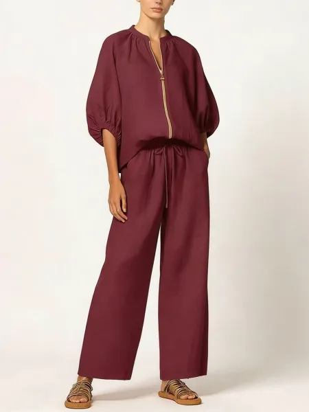 Design Denim Zip-Front Blouse and Wide-Leg Drawstring Pants Set Navy - 13