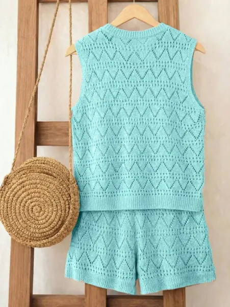 Design Knit Diamond Pattern Aqua Two-Piece Set - 4