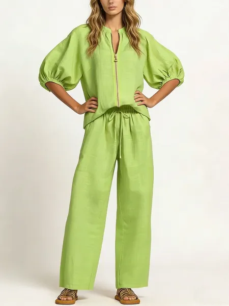 Design Denim Zip-Front Blouse and Wide-Leg Drawstring Pants Set Navy - 18
