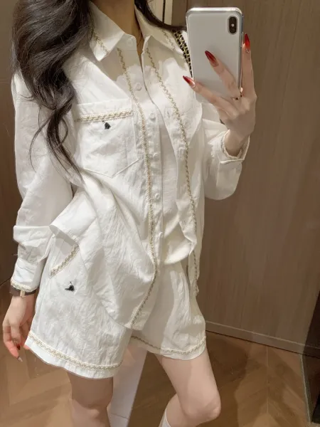 Design Pearl-Trimmed Oversized Shirt and Shorts Set White - 4