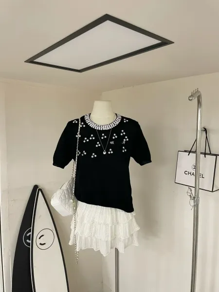 Design Knit Top with Square Embellishments White Sweater - 10