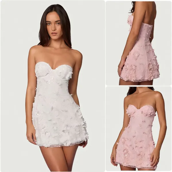 Design Floral Embellished Strapless Mini Dress Pink - 2