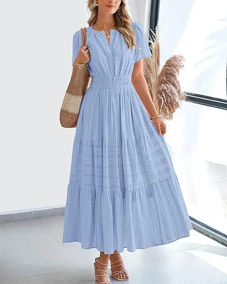Design Tiered Smocked Waist Maxi Dress in Sky Blue - 46